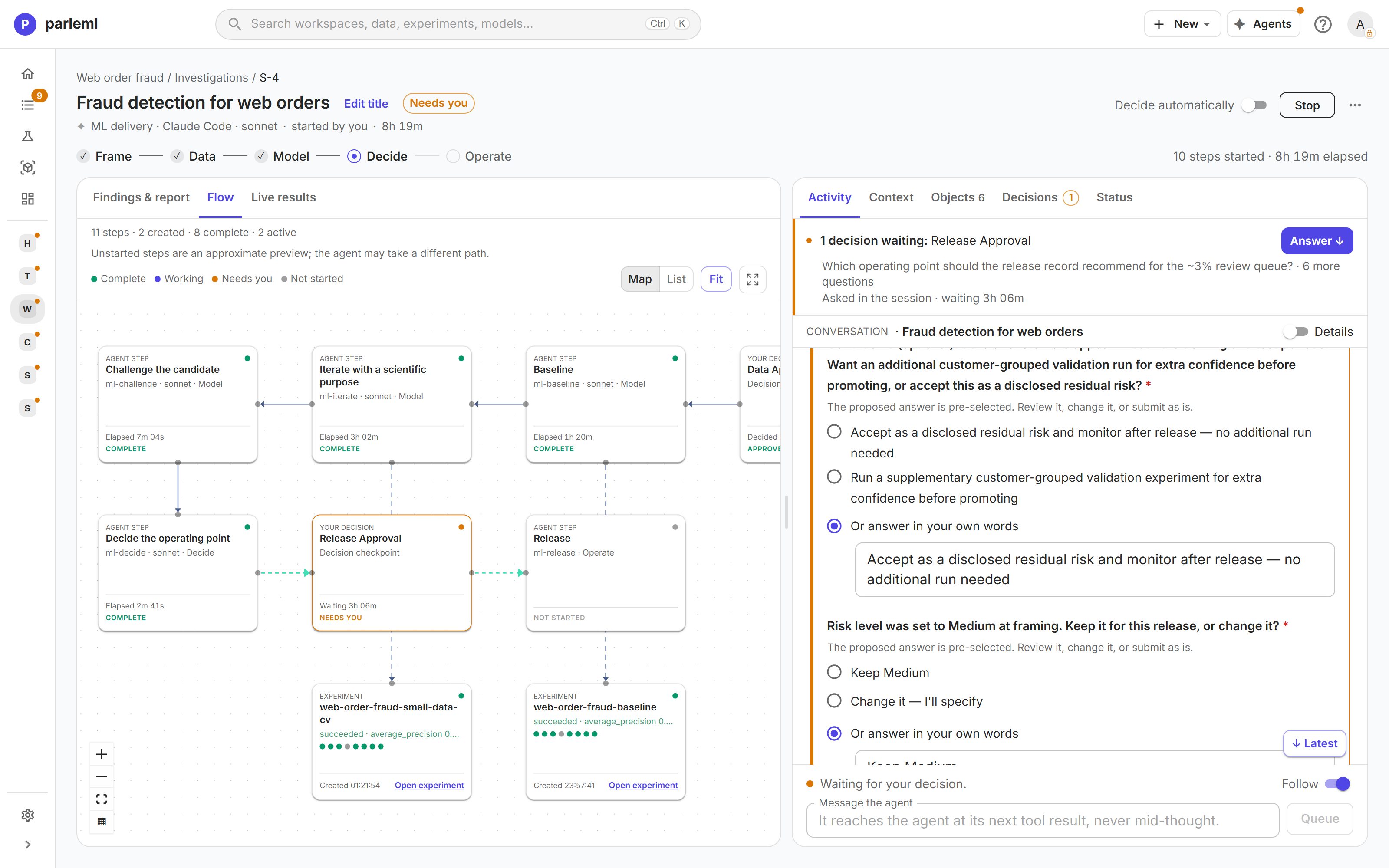 An agent session in ParleML: the live flow map on the left, the conversation and decisions on the right
