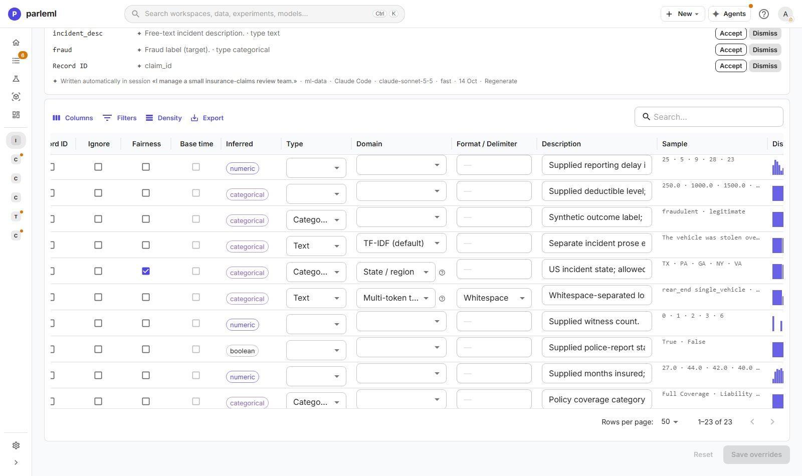 The dataset's Columns tab with suggested roles.
