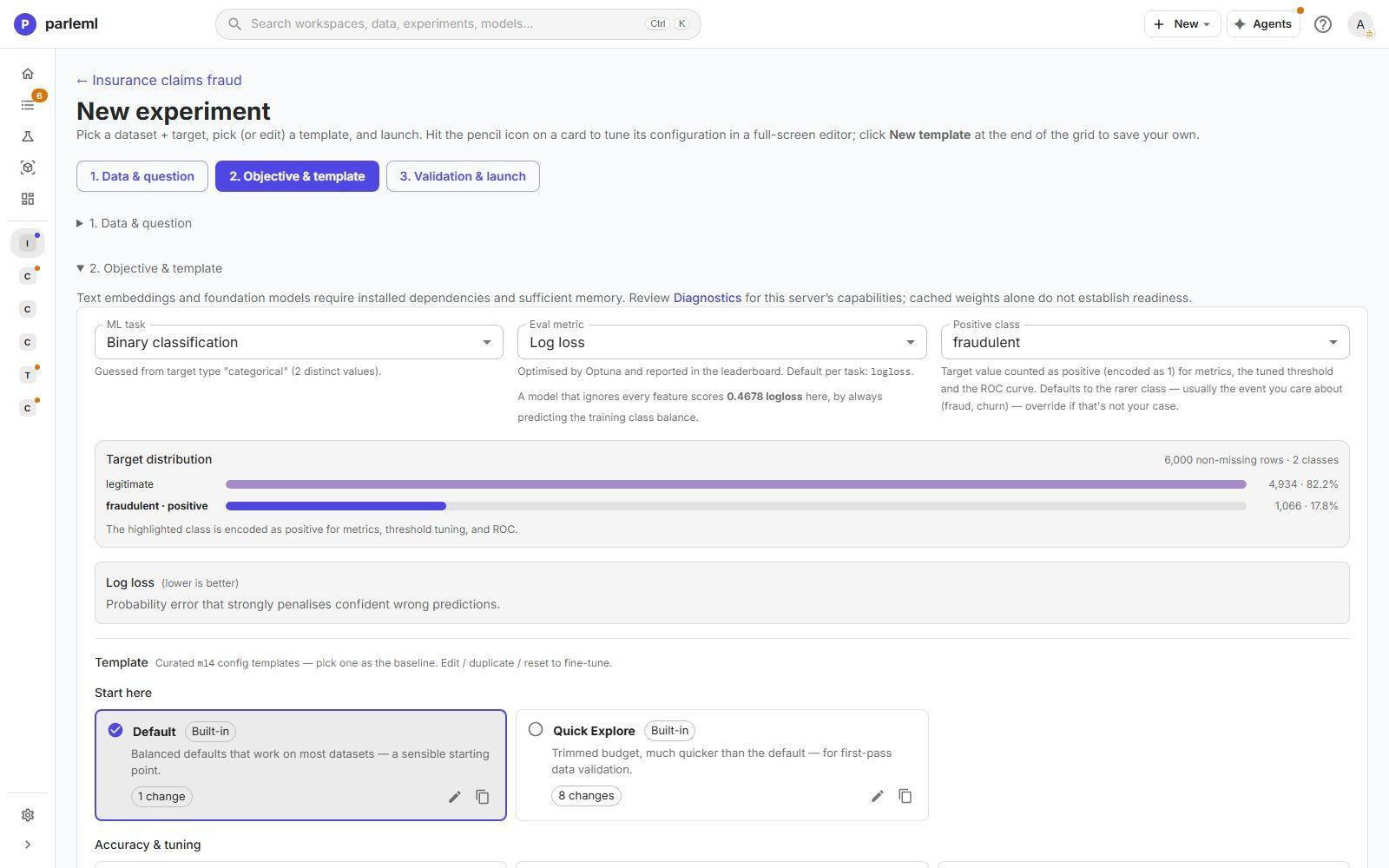 Step 2: the ML task, the objective and the template grid.