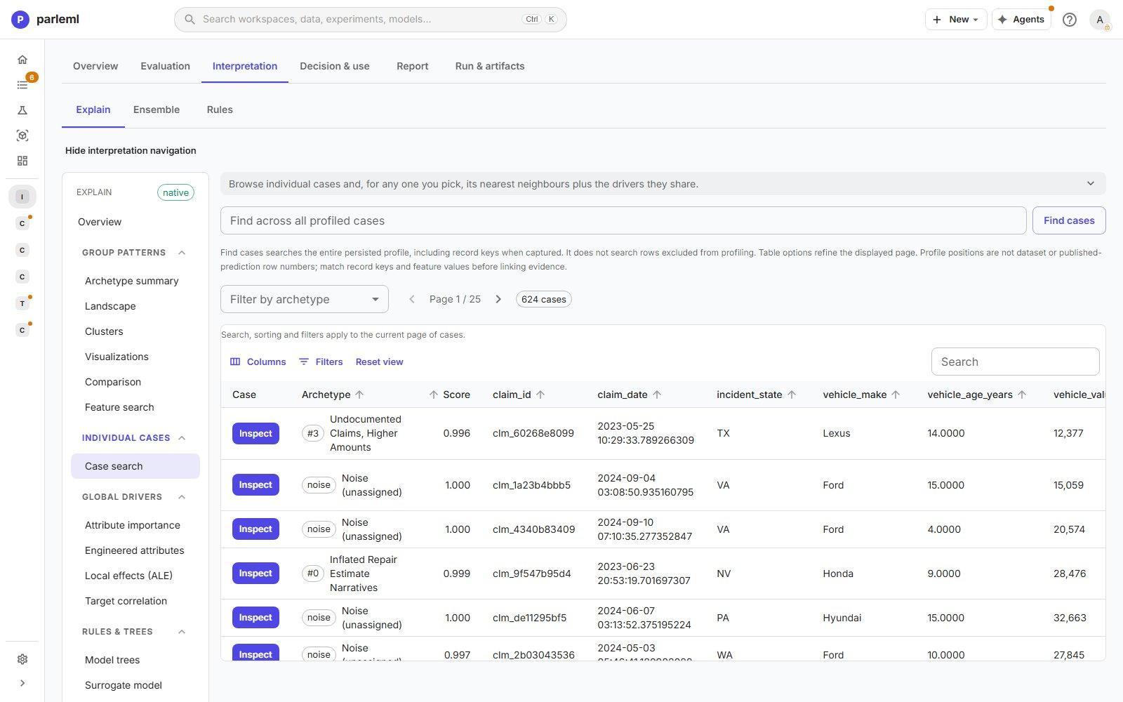 Case search across all profiled cases, filterable by archetype.