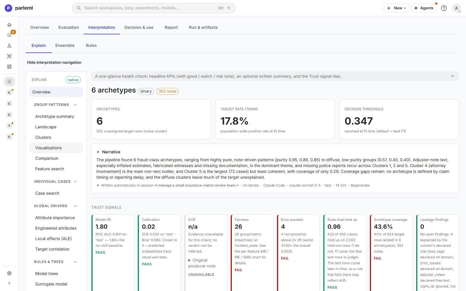 The Explain overview: headline KPIs, the written narrative and trust-signal tiles.