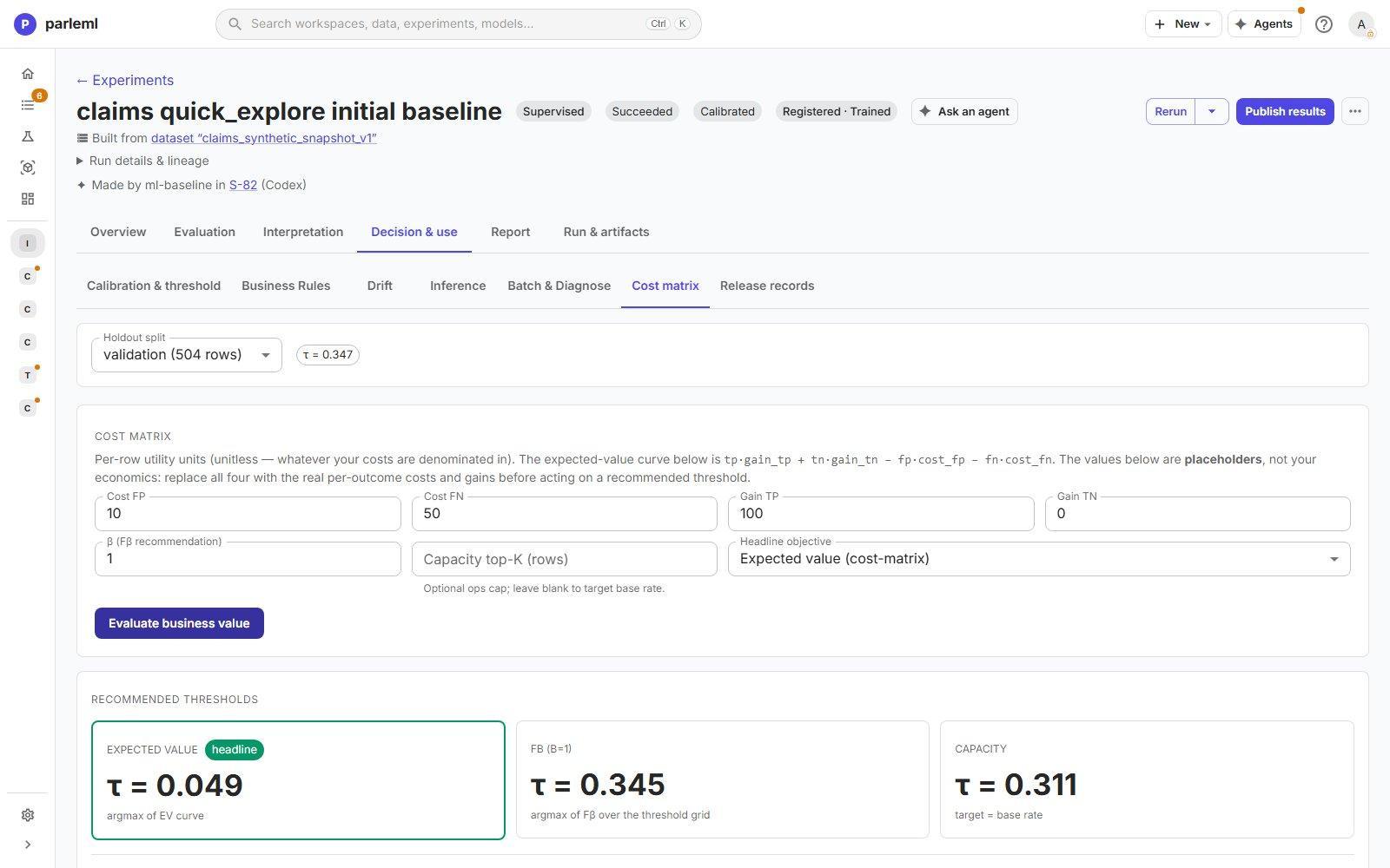 Recommended thresholds from expected value, F-beta and capacity.