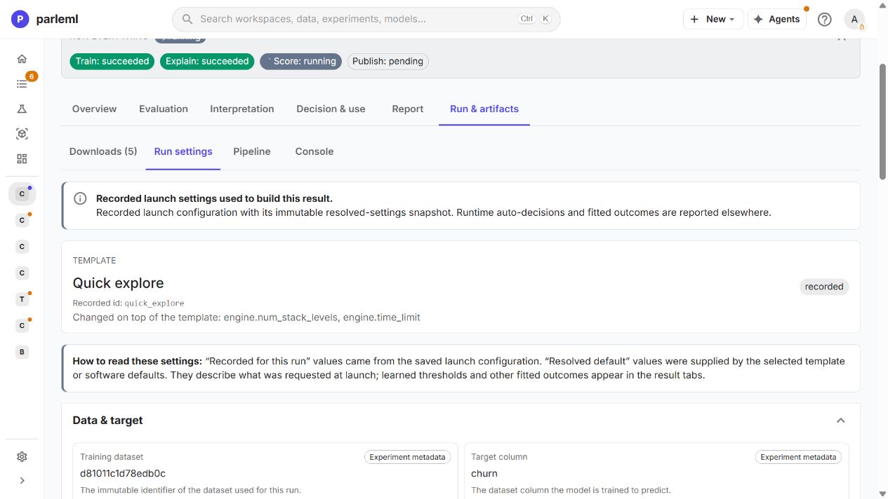 The saved Quick explore template and its recorded overrides in Run settings.