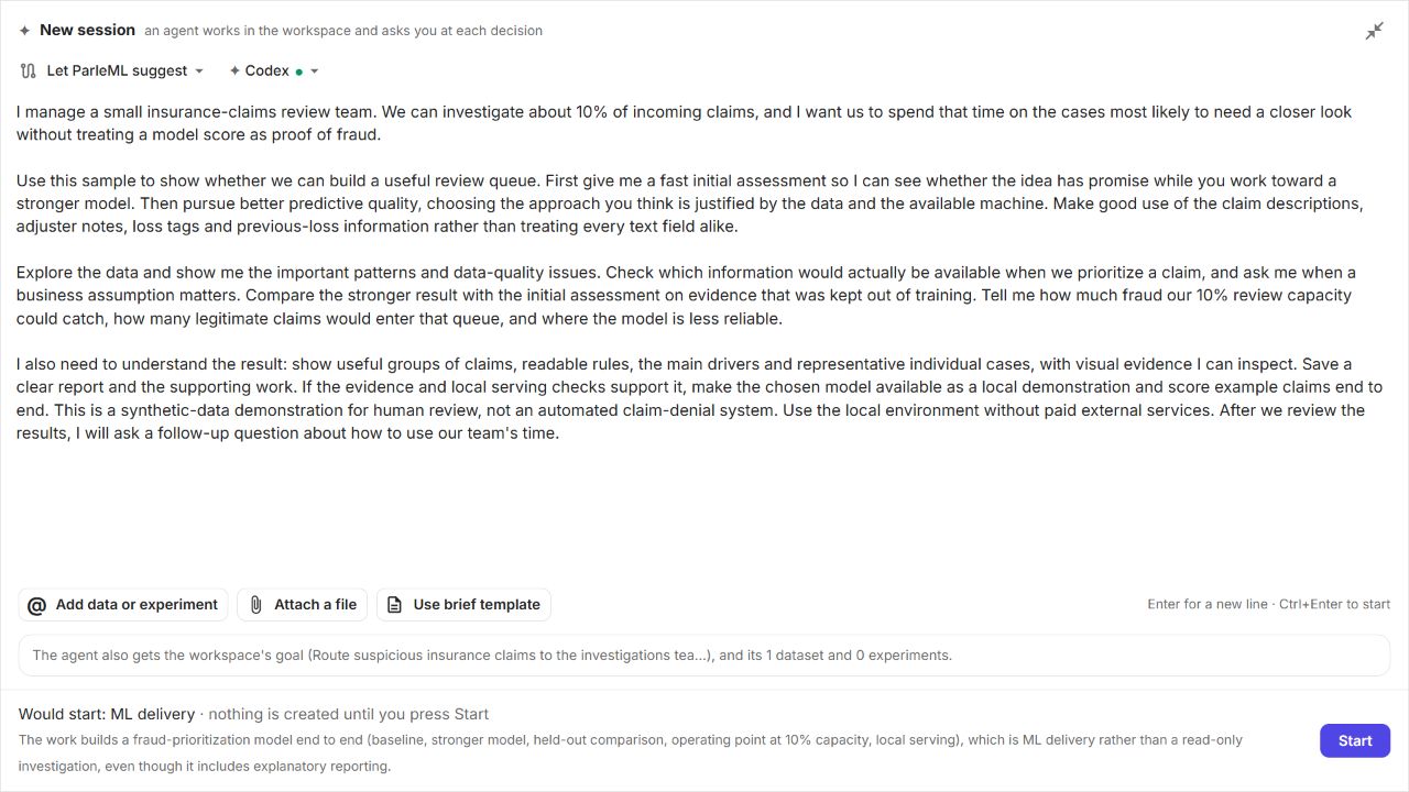 The brief in the composer, with the dataset attached.